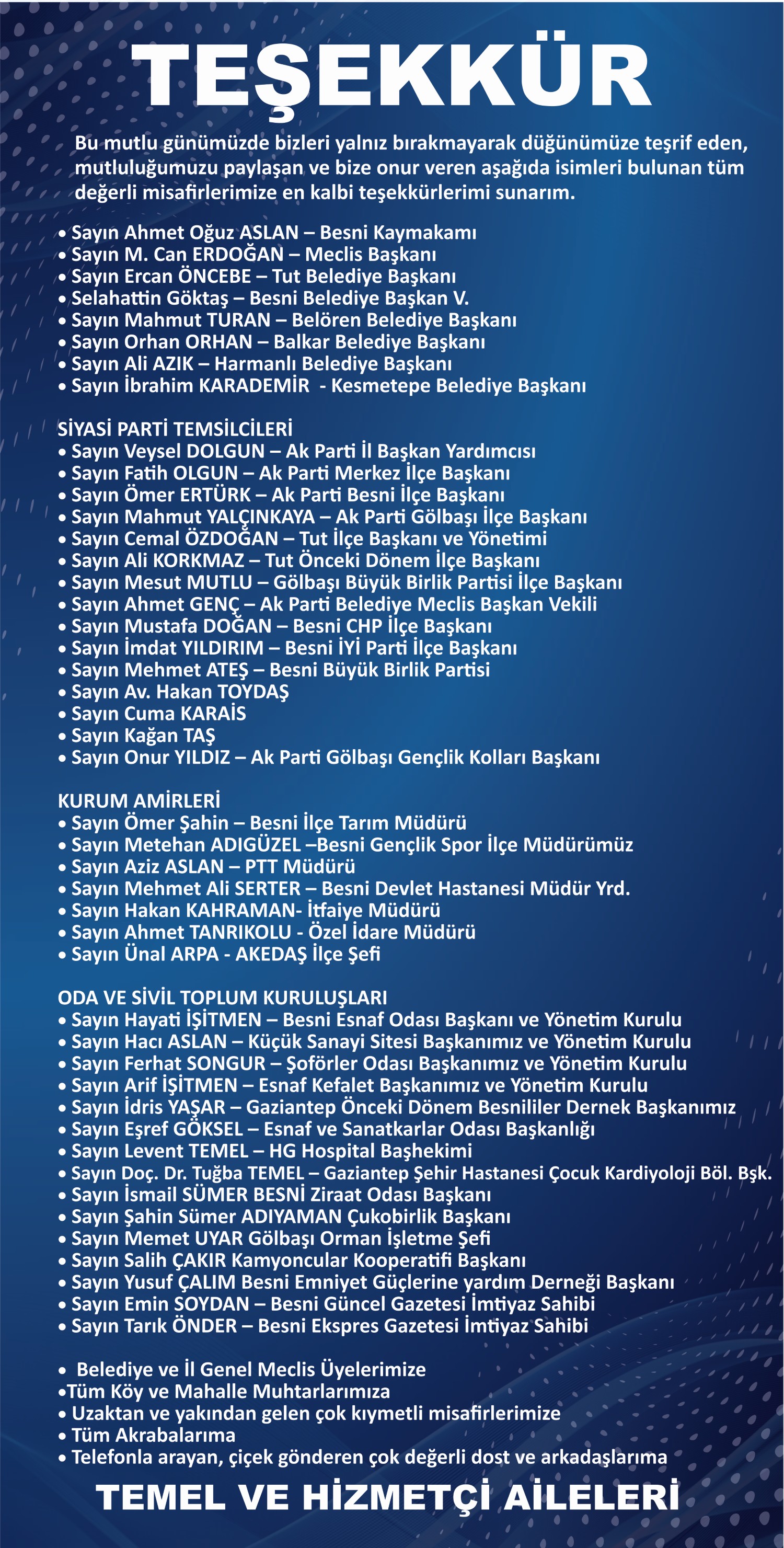 Kemal Temel Teşekkür İlani