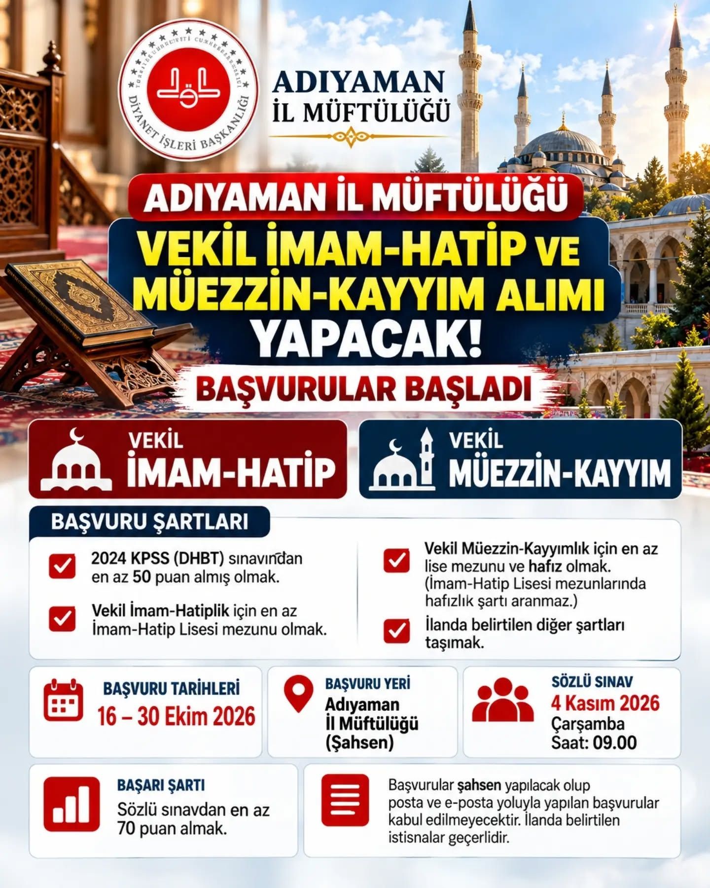 Adıyaman Müftülüğü Vekil İmam Ve Müezzin Alacak