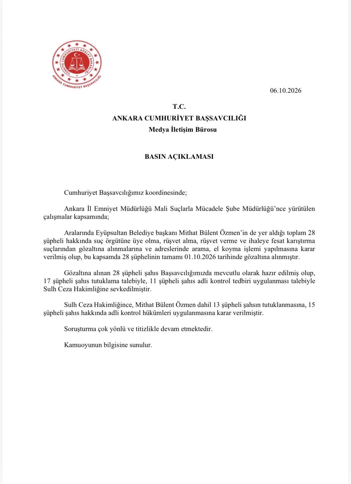 Eyüpsultan Belediyesi Soruşturmasında Gözaltına Alınan 28 Şüpheliden 13’Ü Tutuklandı, 15 Şüpheli Hakkında Adli Kontrol Kararı Verildi.
