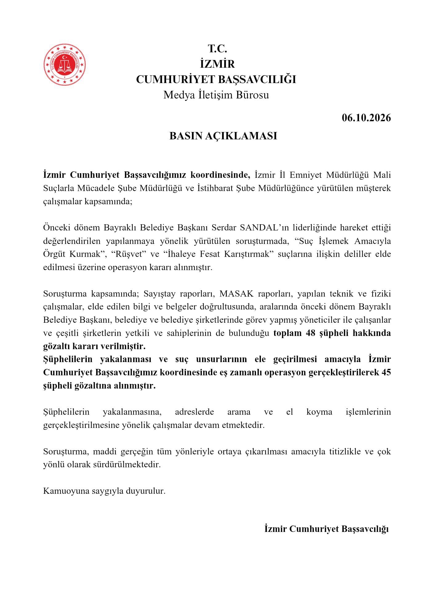 İzmir Cumhuriyet Başsavcılığı Bayraklı Belediyesi Soruşturma