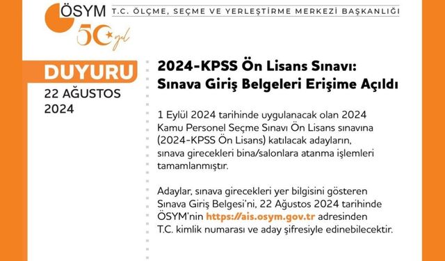 2024 KPSS Ön Lisans Sınavı giriş belgeleri erişime açıldı