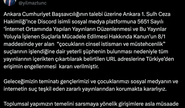 Discord’a erişim engeli: Bakan Tunç’tan kritik açıklama