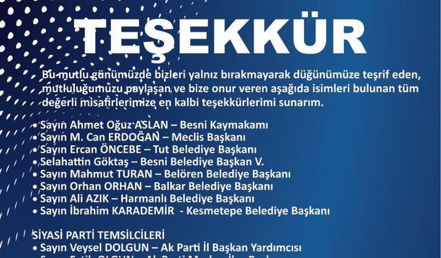 TEMEL VE HİZMETÇİ AİLELERİ TEŞEKKÜR İLANI
