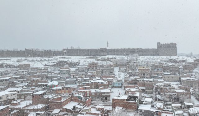 Diyarbakır'da tarihi yapılar kar yağışıyla beyaza büründü