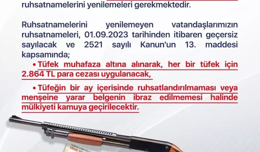 Valilikten Yivsiz tüfek ruhsatnamesi Uyarısı