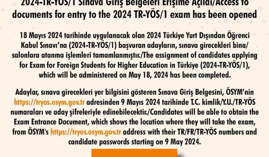 2024-TR-YÖS/1 Sınava Giriş Belgeleri Erişime Açıldı